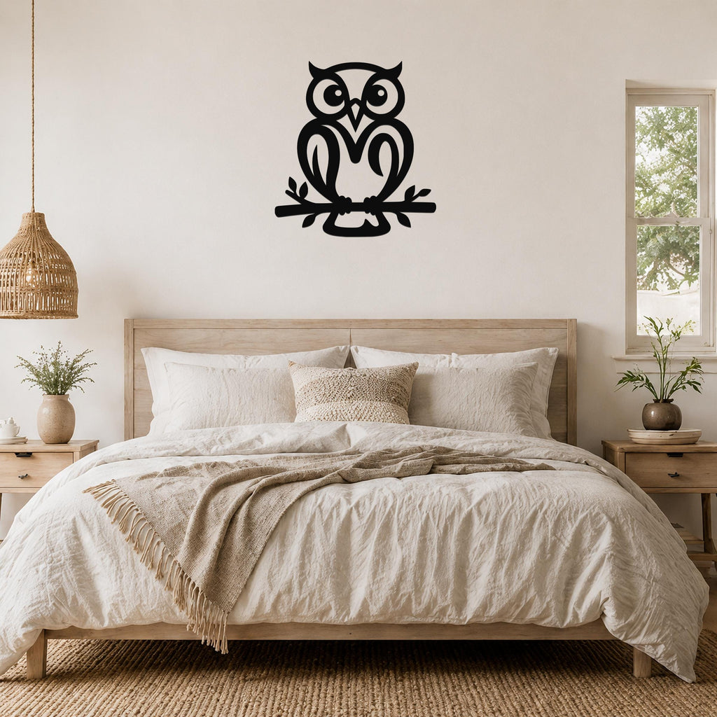 Black metal owl wall art cutout perched on a branch, mounted above a bed in a neutral bedroom.