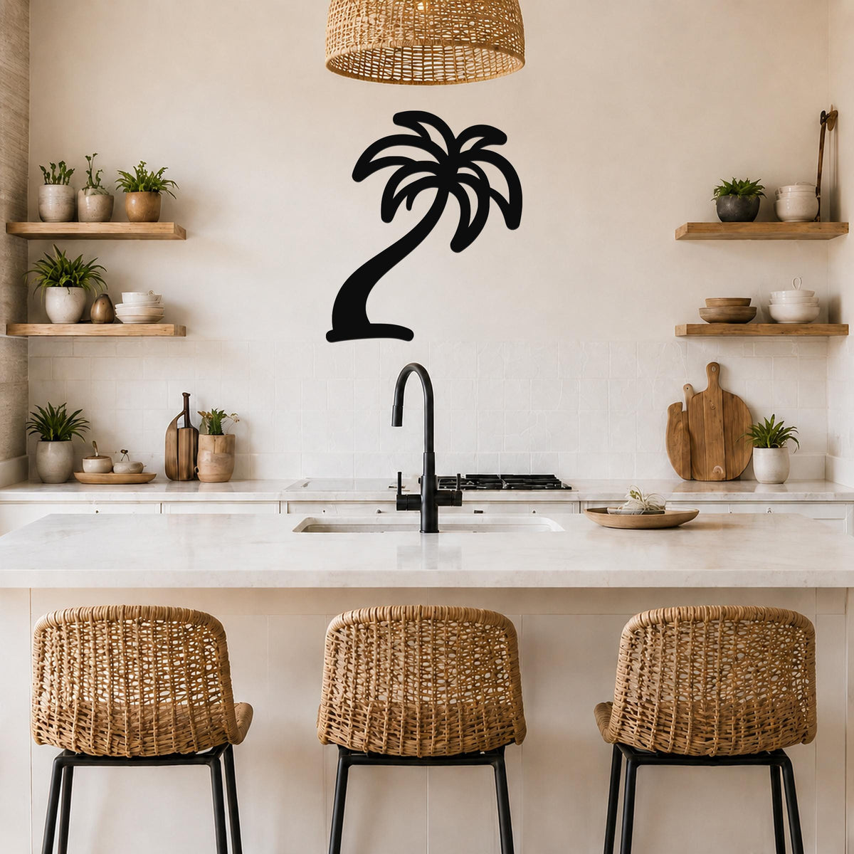 Black metal palm tree wall art silhouette mounted on a kitchen wall above a counter, with a wicker pendant light and woven bar stools visible below.