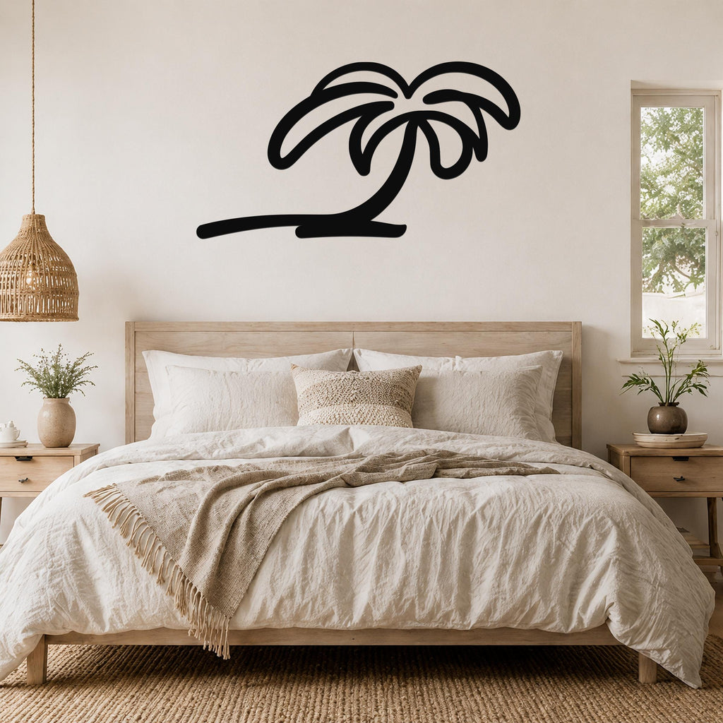 Black metal palm tree wall art with flowing frond cutouts, mounted above a wooden bed in a neutral bedroom.