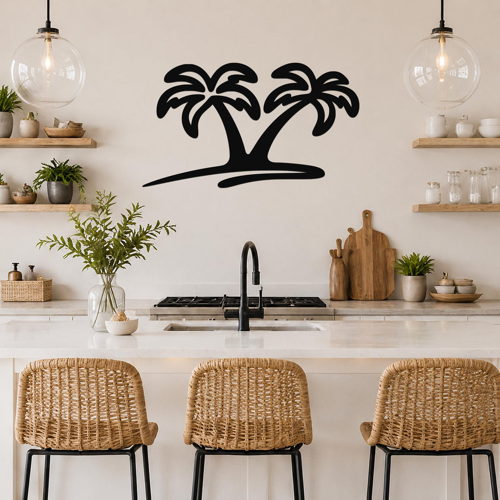 Black metal palm tree wall art with two silhouetted trees and a curved base, mounted on a kitchen wall above a counter.