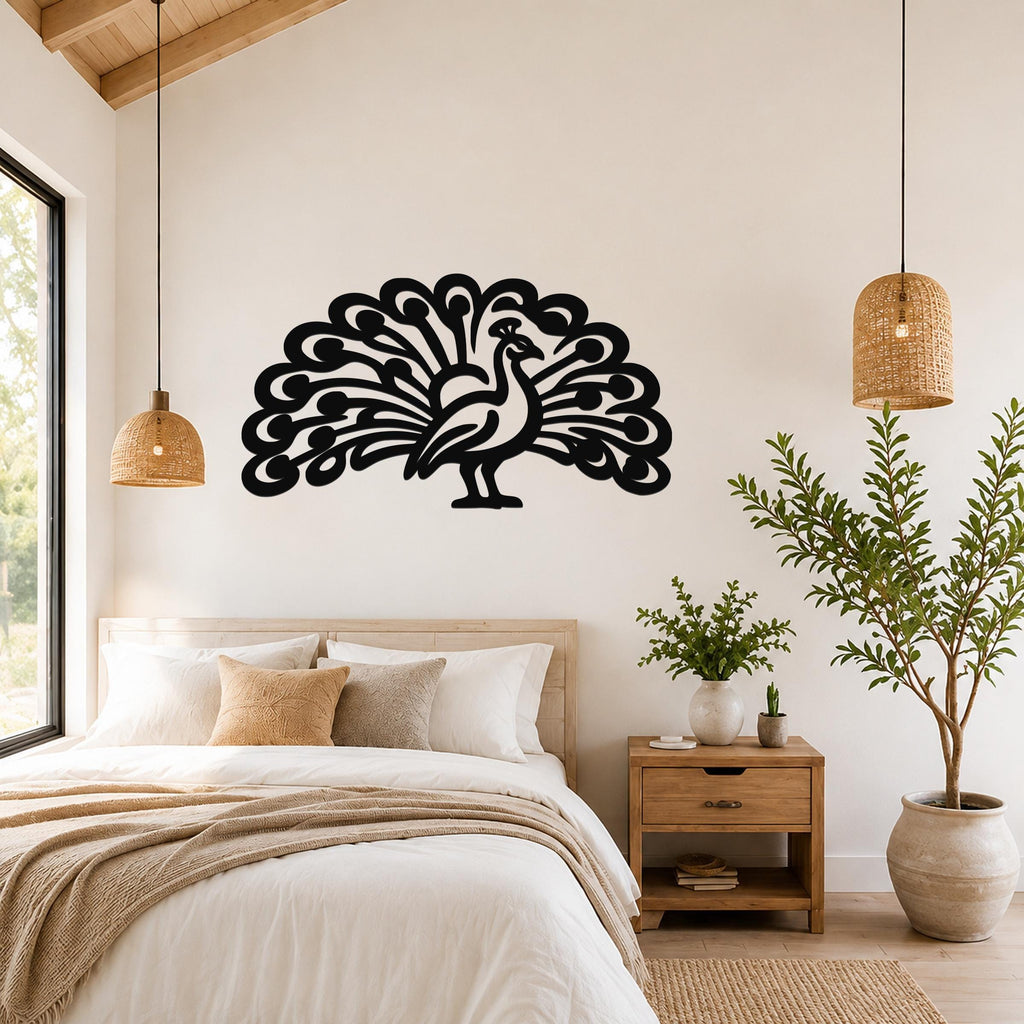 Black metal peacock wall art with intricate feather cutouts, mounted above a bed in a bright bedroom.