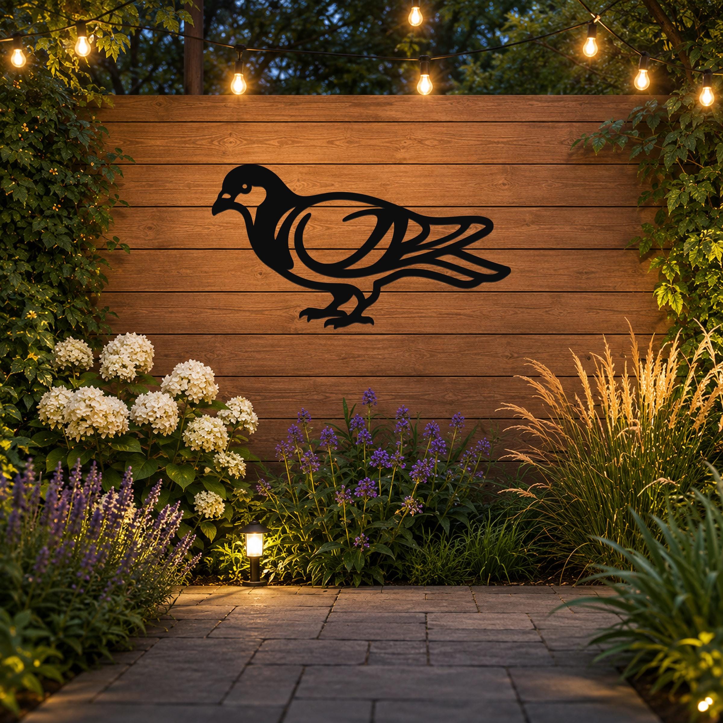 Black metal pigeon wall art silhouette with internal cutout details, mounted on a wooden fence in an outdoor garden setting with string lights and plants.