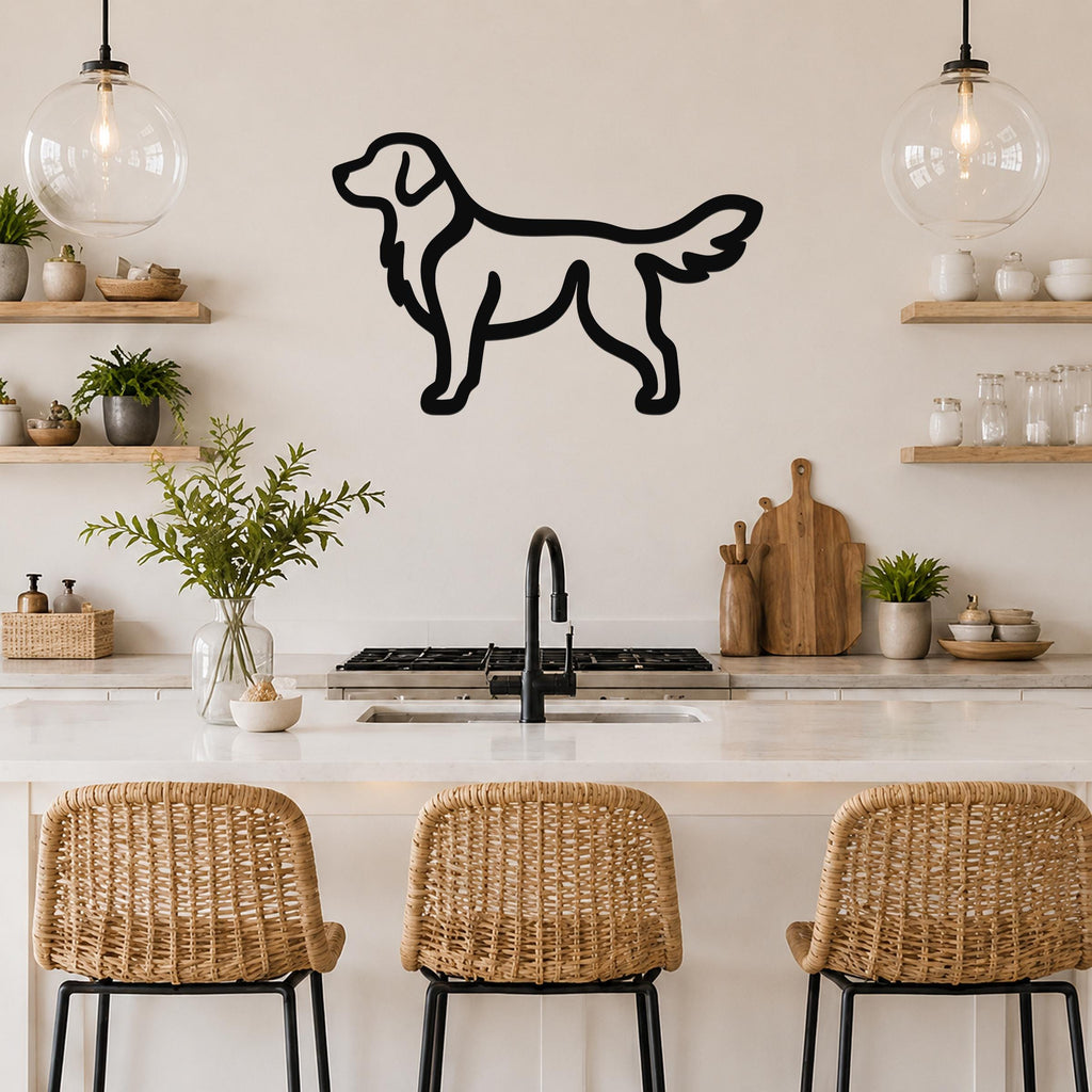 Black metal retriever silhouette wall art mounted on a kitchen wall above a counter, with wicker bar stools and open shelves visible below.