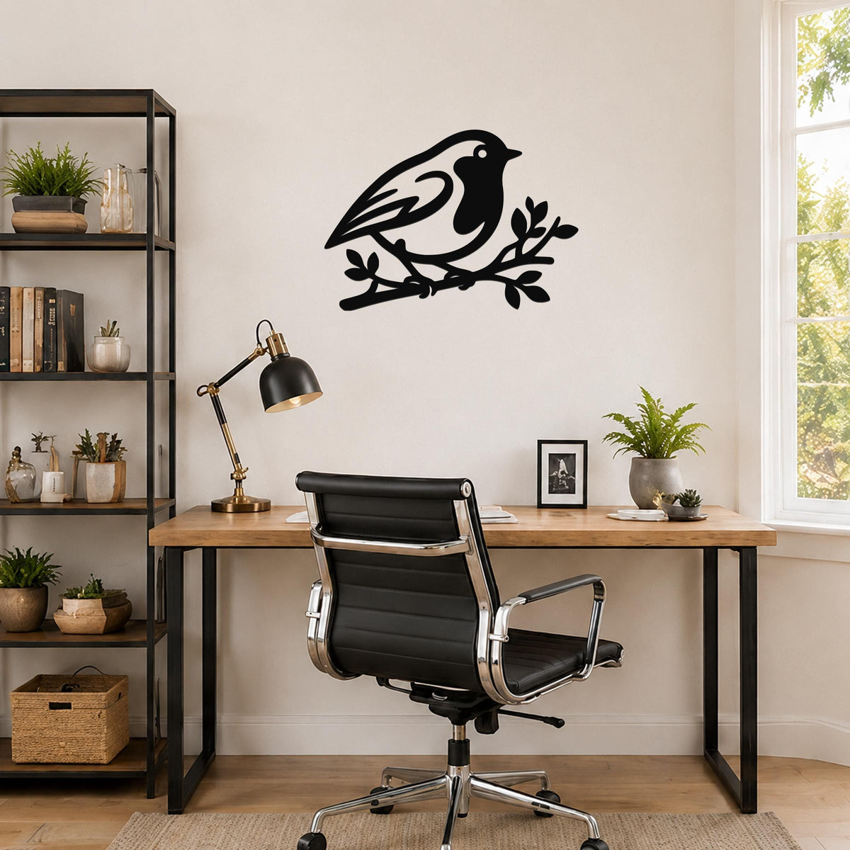 Black metal robin wall art silhouette perched on a branch, mounted above a wooden desk in a home office.