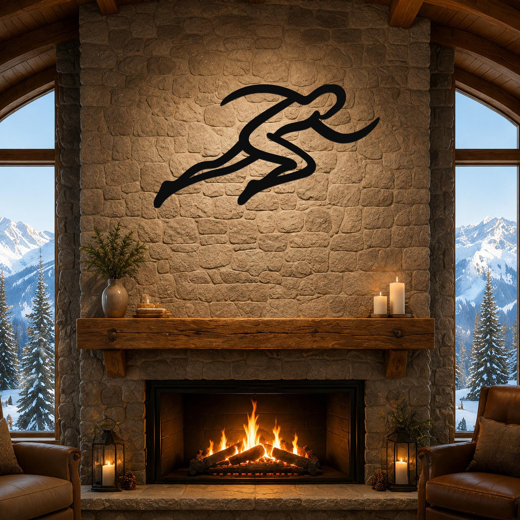 Black metal runner wall art with motion-line cutouts, mounted above a fireplace in a rustic living room.