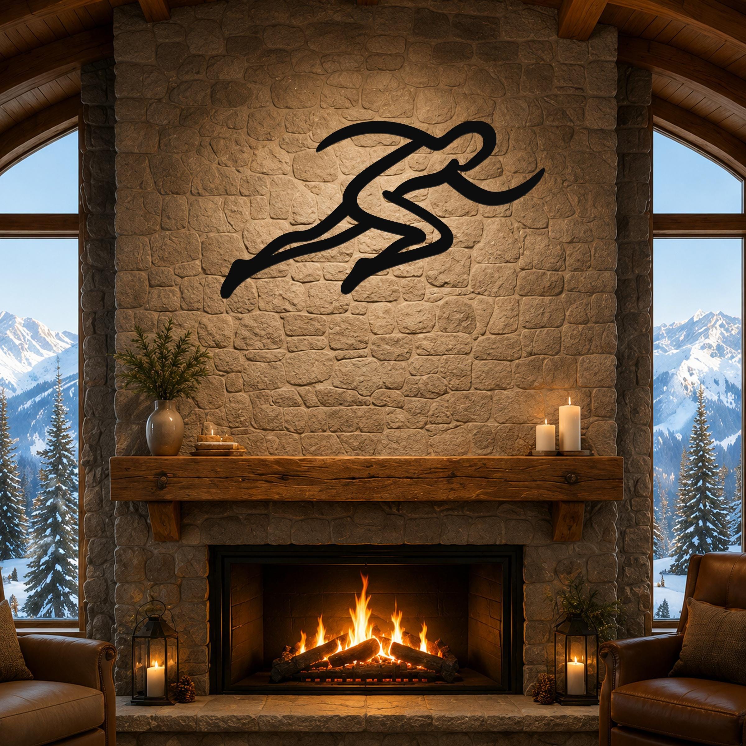 Black metal runner wall art with motion-line cutouts, mounted above a fireplace in a rustic living room.