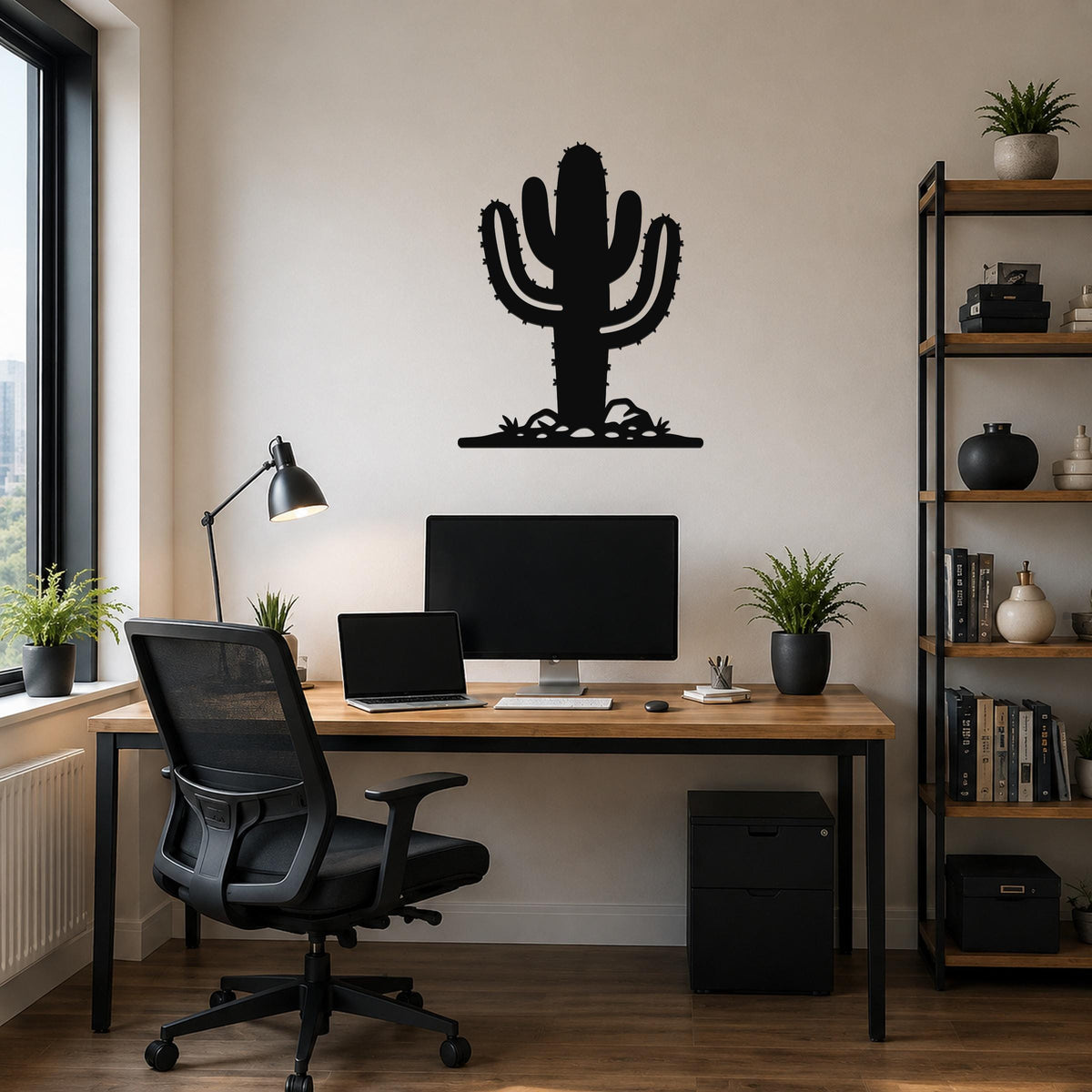 Black metal Saguaro cactus wall art with spines and base cutouts, mounted above a wooden desk in a home office.