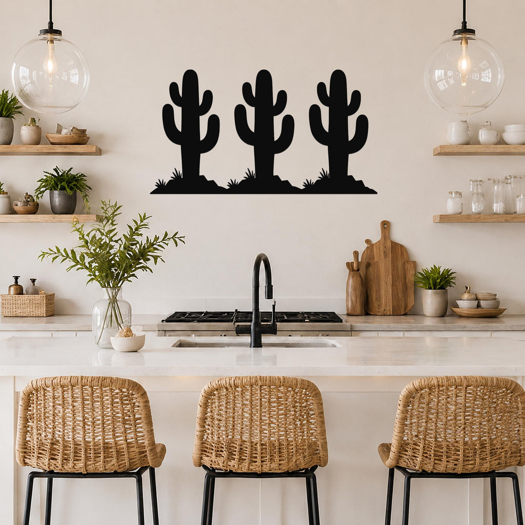 Black metal wall art featuring a trio of saguaro cactus silhouettes with spines and base grass, mounted above a kitchen counter.