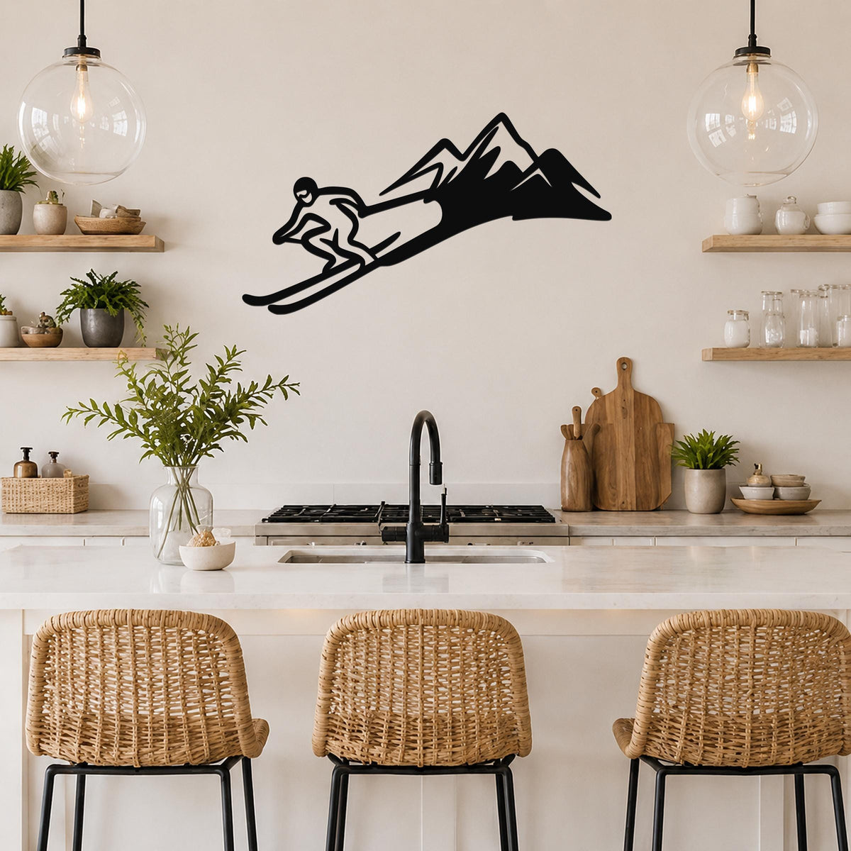 Black metal skier and mountain wall art silhouette mounted above a kitchen counter, featuring a dynamic cutout design of a skier in motion against a stylized mountain range.