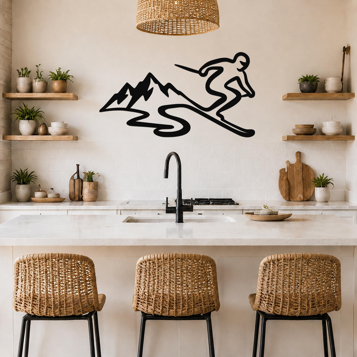 Black metal wall art featuring a skier silhouette and mountain peaks, mounted above a kitchen counter with wicker bar stools and open shelves.