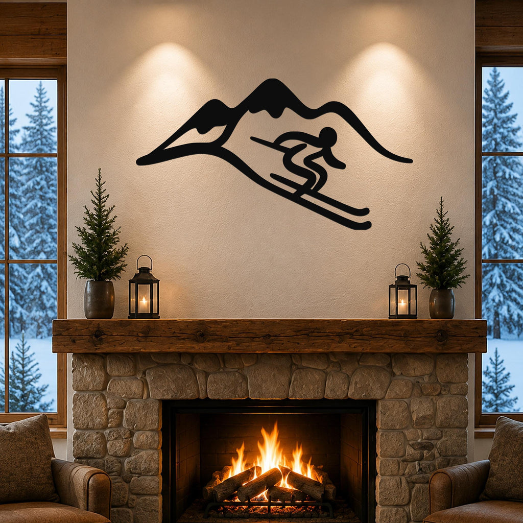 Black metal skier and mountain wall art with a silhouette design, mounted above a stone fireplace in a cozy living room.