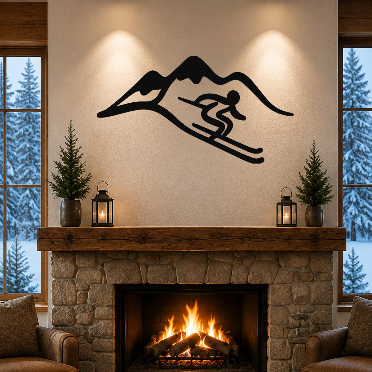 Black metal skier and mountain wall art with a silhouette design, mounted above a stone fireplace in a cozy living room.