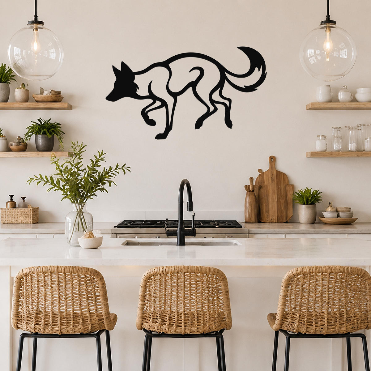 Black metal coyote wall art with a bold silhouette design, mounted on a kitchen wall above a counter with wicker bar stools.