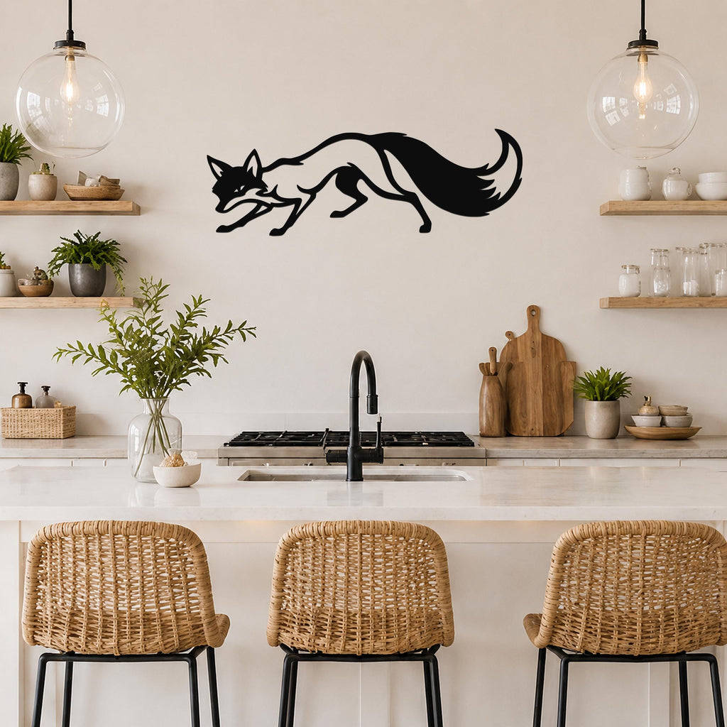Black metal fox wall art in a running silhouette, mounted on a kitchen wall above a counter with wicker bar stools.