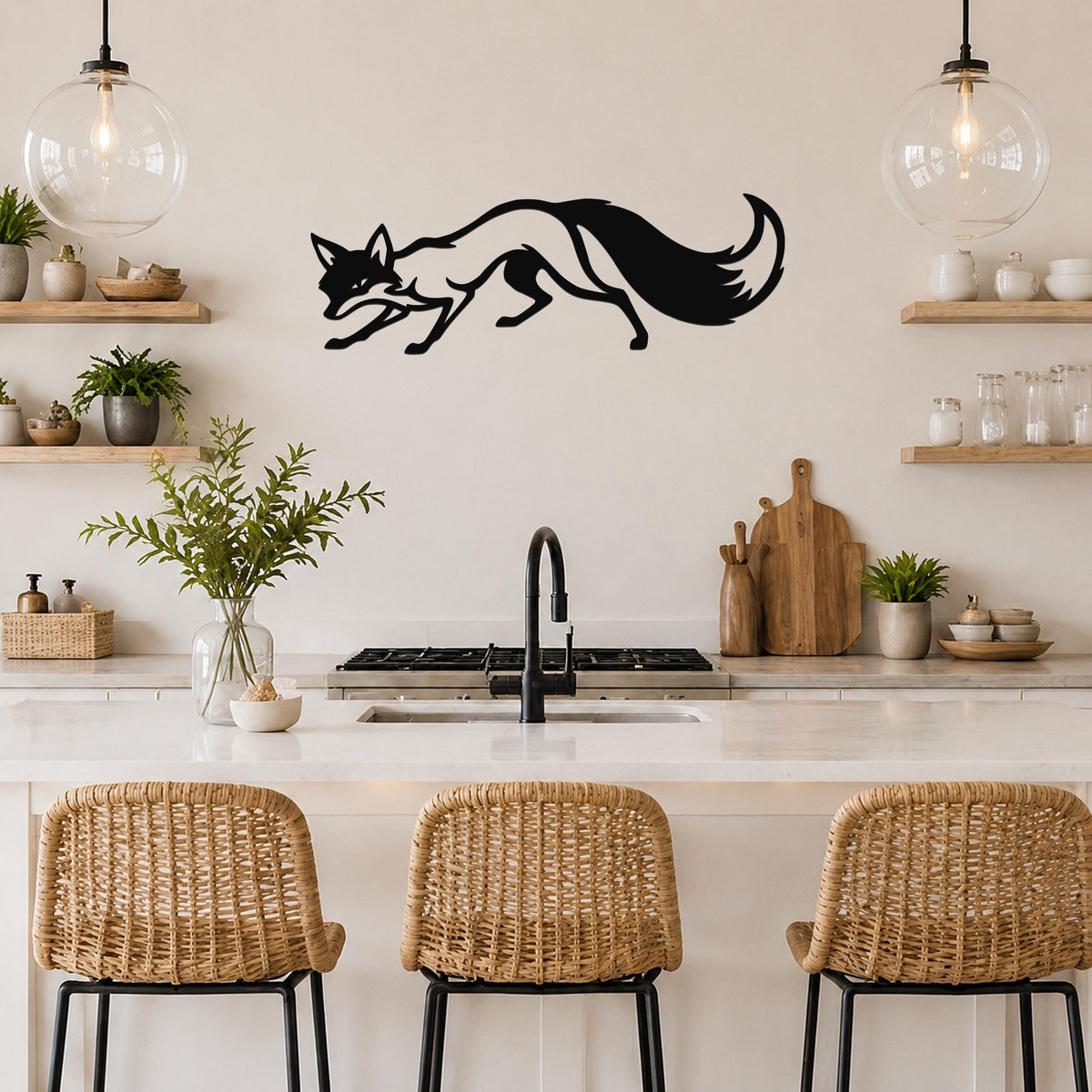 Black metal fox wall art in a running silhouette, mounted on a kitchen wall above a counter with wicker bar stools.
