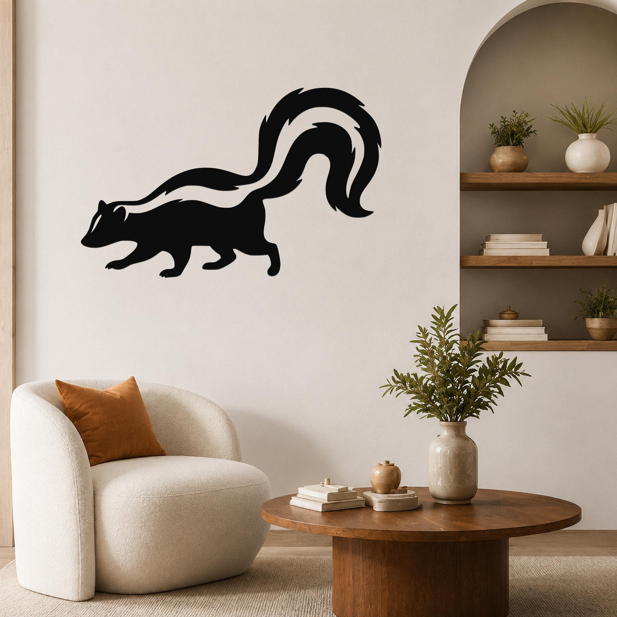 Black metal skunk wall art silhouette with a curved tail, mounted on a living room wall above a round wooden coffee table.
