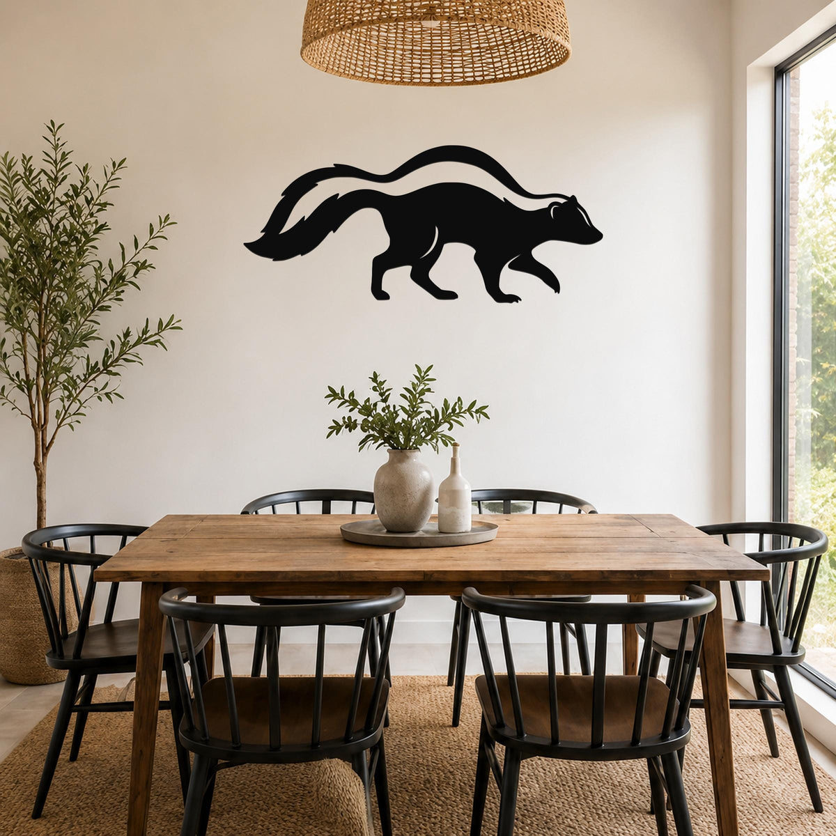 Black metal skunk wall art silhouette with motion lines, mounted above a wooden dining table in a bright dining room.