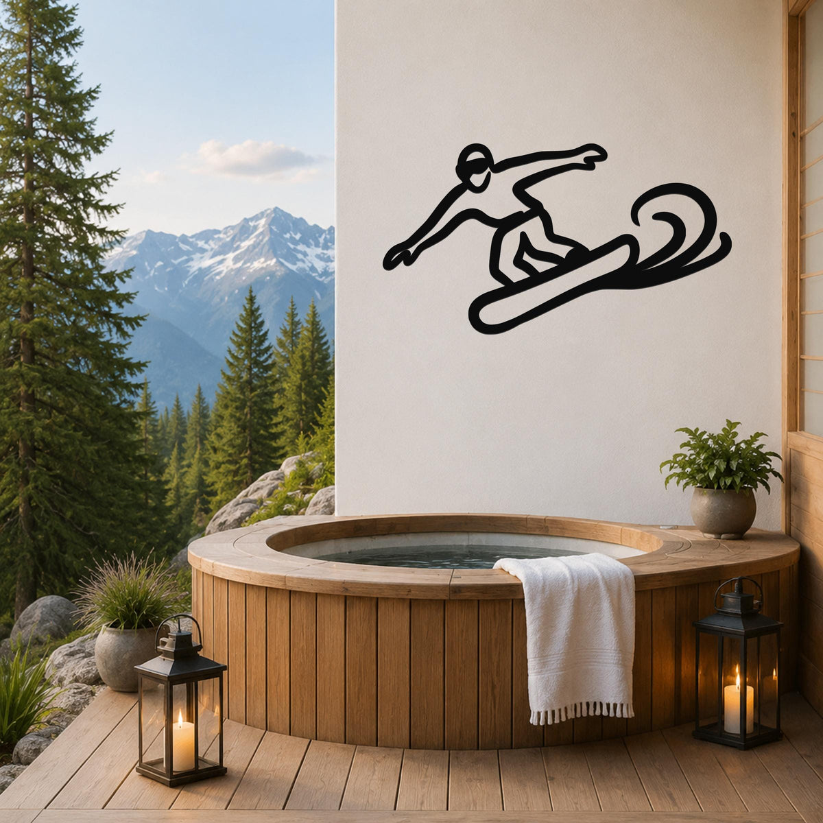 Black metal wall art featuring a minimalist silhouette of a snowboarder in motion, mounted on a white wall above a wooden hot tub on a mountain-view deck.
