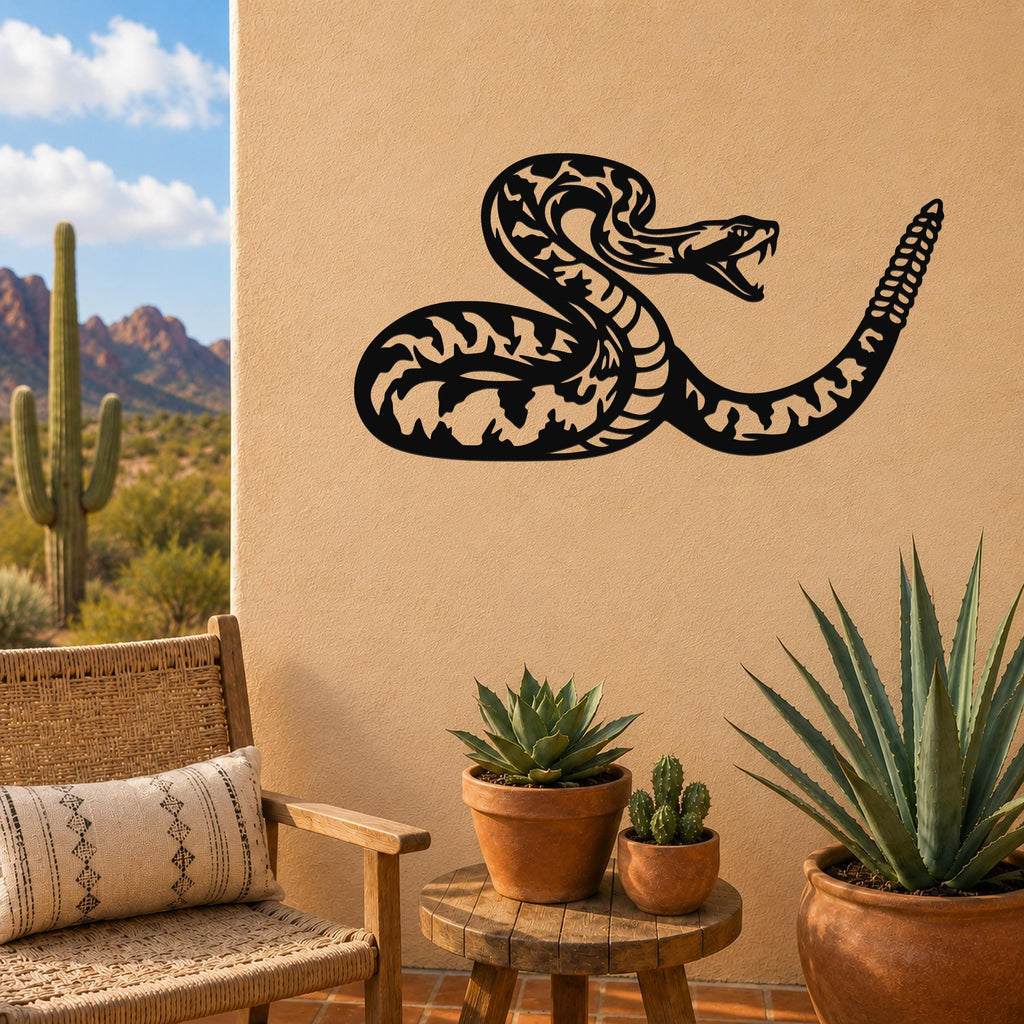 Black metal rattlesnake wall art with intricate internal cutouts, mounted on a beige outdoor wall above a small wooden table with potted succulents.