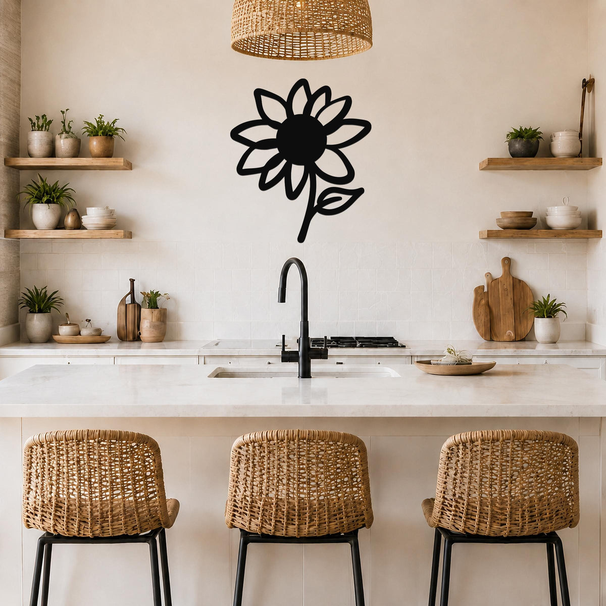Black metal sunflower wall art with a bold silhouette and leaf cutout, mounted on a kitchen wall above a counter.