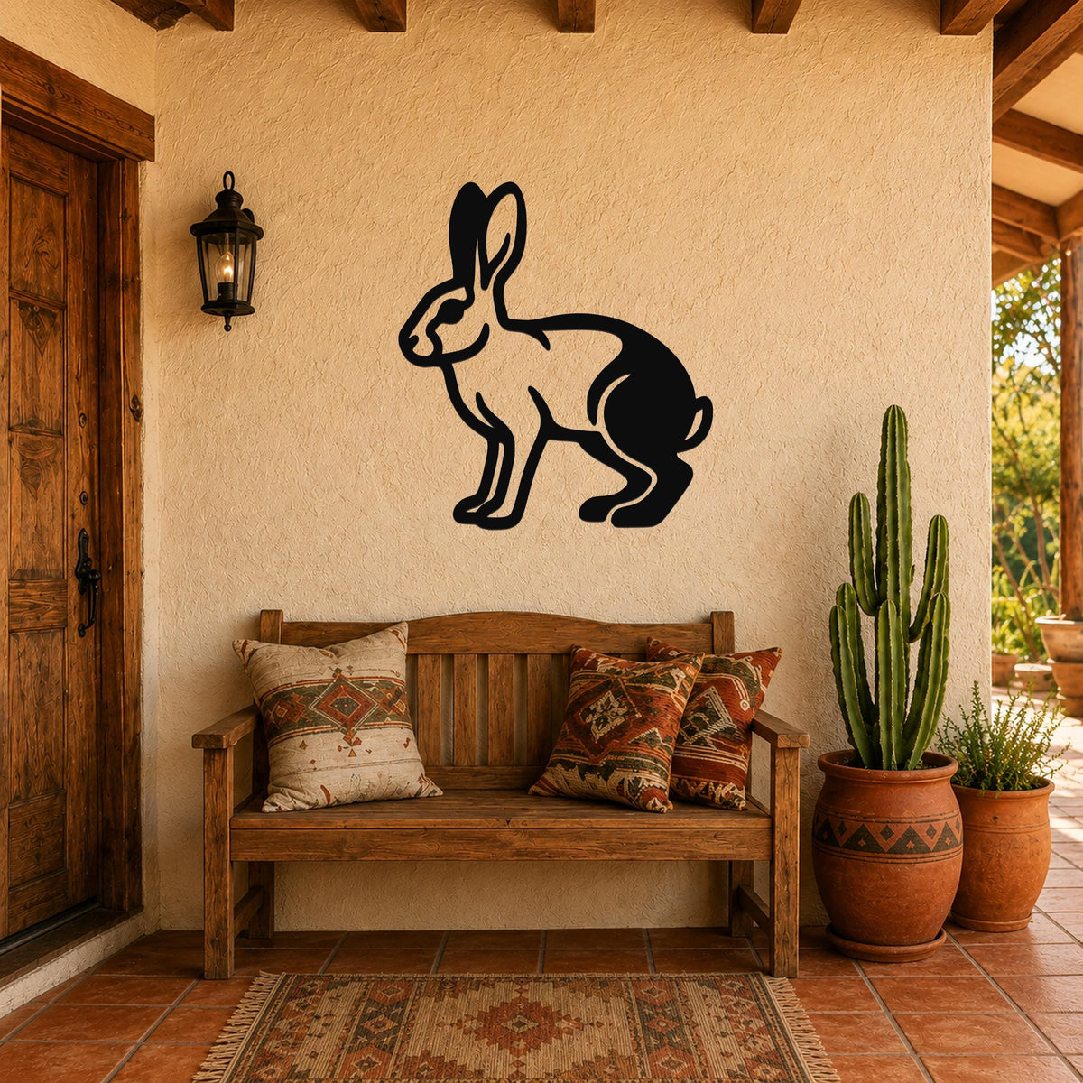 Black metal jackrabbit wall art silhouette mounted on a stucco wall above a wooden bench in a rustic patio entryway.