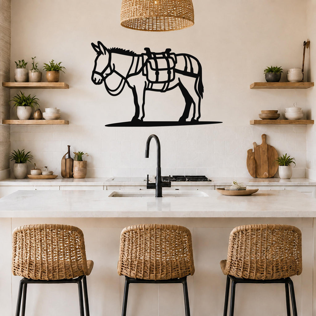 Black metal burro wall art with saddle cutout, mounted above a kitchen counter in a rustic modern kitchen.