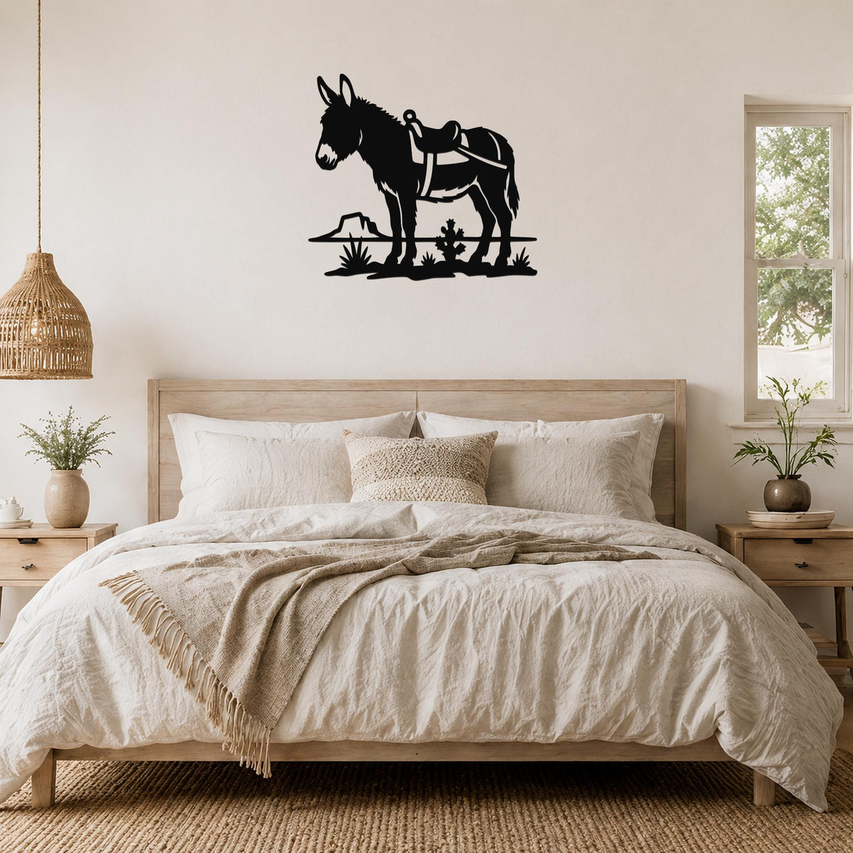 Black metal wall art silhouette of a burro with saddle and cacti, mounted above a bed in a light-toned bedroom.