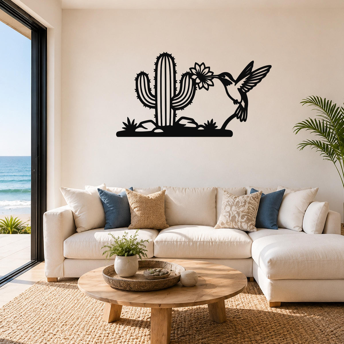 Metal Wall Art Desert Wildlife Sculpture - Sonoran Hummingbird with Saguaro Cactus, Weatherproof Steel, Indoor Outdoor Southwestern Decor