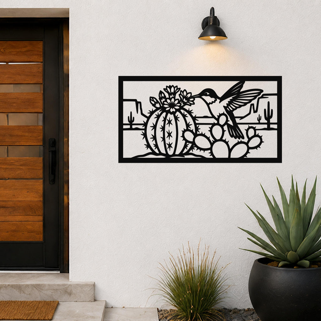 Desert Wildlife Art Metal Bird Sculpture: Southwest Botanical Scene, Weatherproof Metal (Indoor Outdoor Use, Nature Inspired Wall Decor)