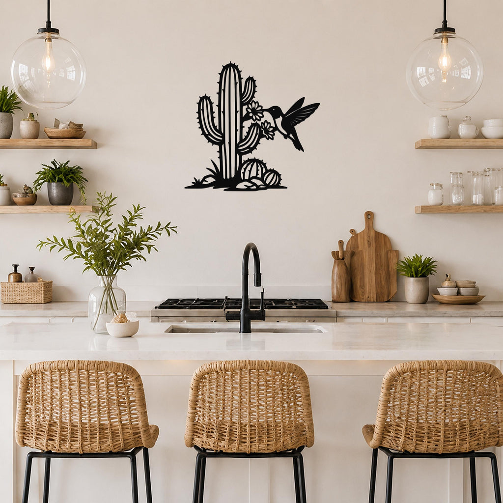 Southwestern Decor Metal Wall Art - Sonoran Desert Scene with Layered Cactus and Hummingbird - Weatherproof Steel, Indoor Outdoor Display