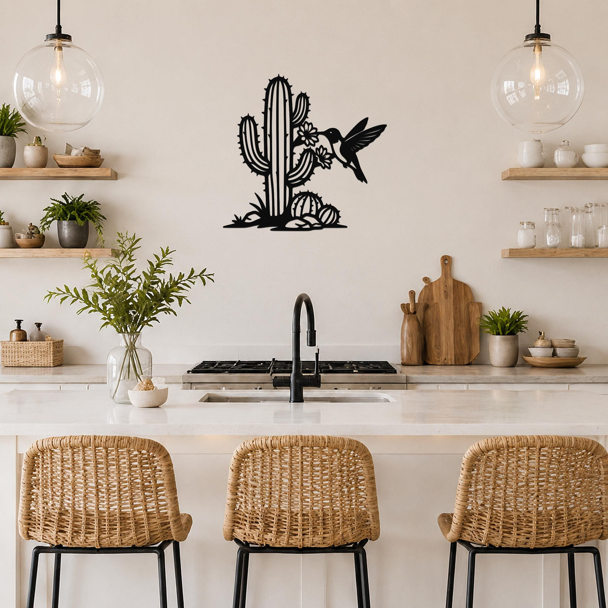 Southwestern Decor Metal Wall Art - Sonoran Desert Scene with Layered Cactus and Hummingbird - Weatherproof Steel, Indoor Outdoor Display