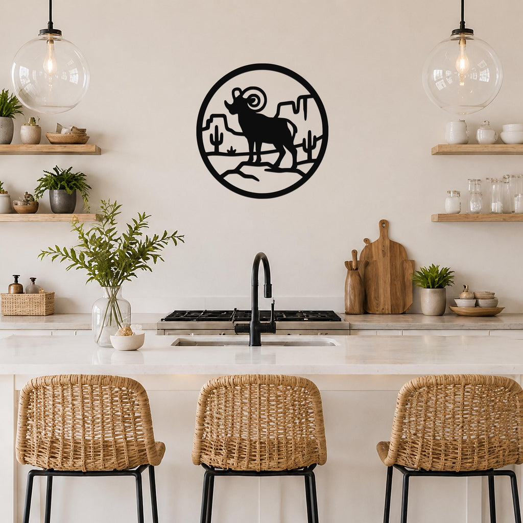 Bighorn Sheep Metal Wall Art - Western Wildlife Decor, Curled Horns Design - Weatherproof Steel, Indoor Outdoor Accent