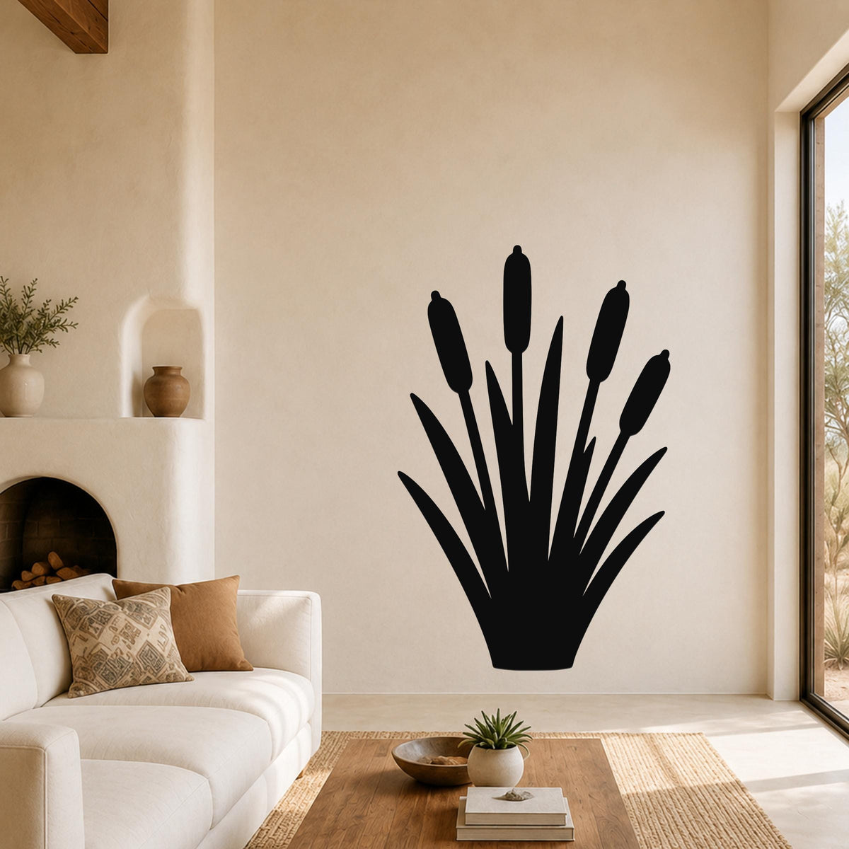 Black metal cattail wall art silhouette with multiple reed stems and leaves, mounted on a living room wall above a white sofa.