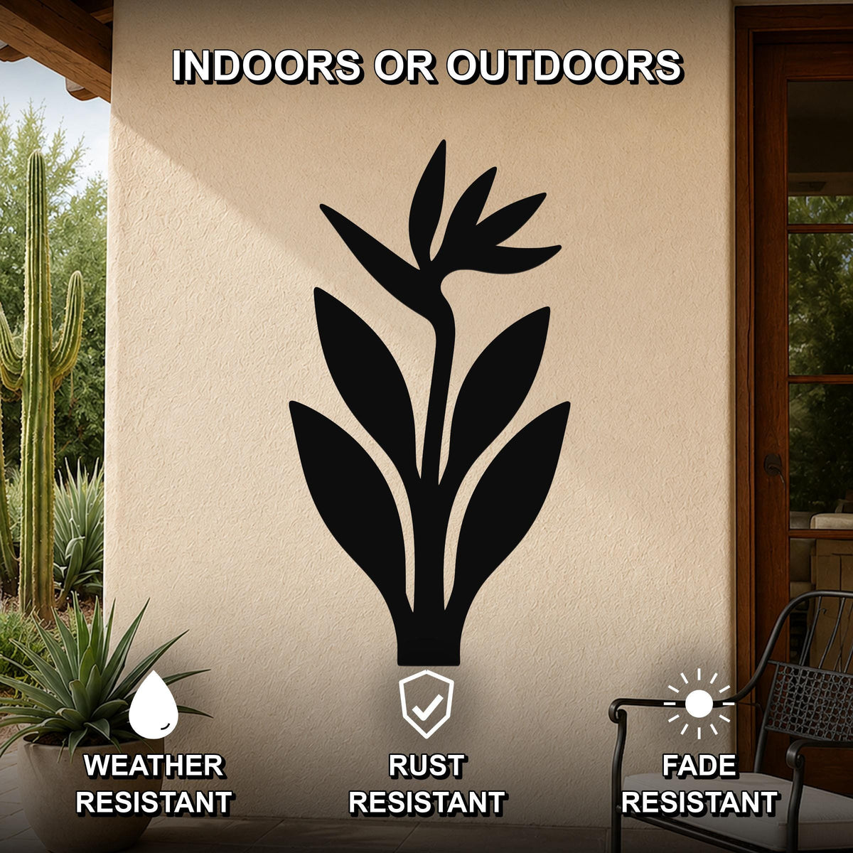 Black metal Bird of Paradise wall art silhouette mounted on an outdoor patio wall, weather resistant, rust resistant, and fade resistant.