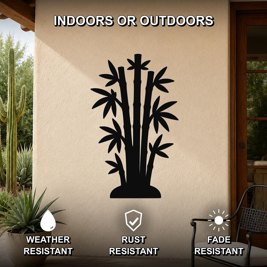 Black metal bamboo wall art silhouette mounted on an outdoor patio wall, featuring weather, rust, and fade resistant properties.