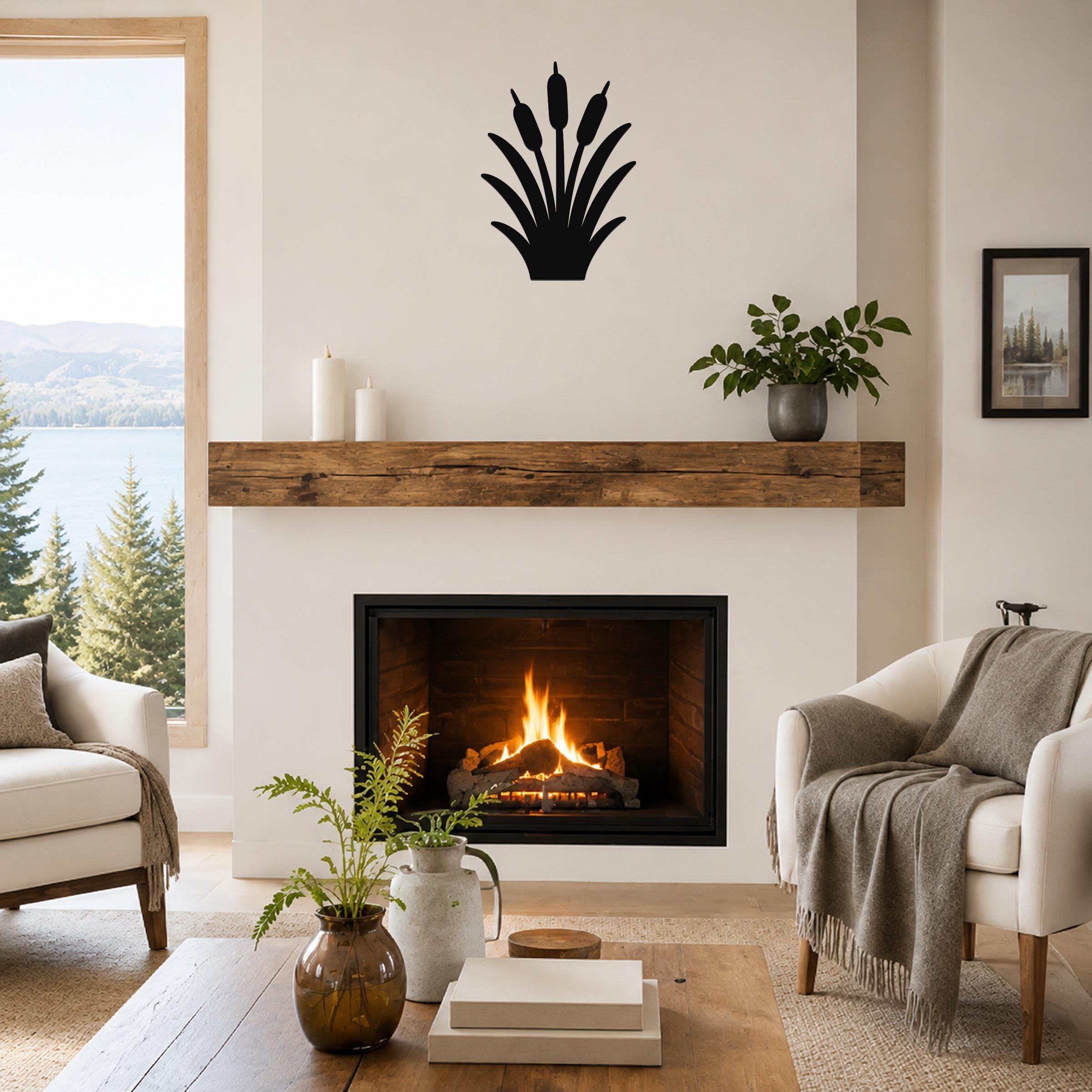 Black metal cattail wall art silhouette mounted above a fireplace in a living room.