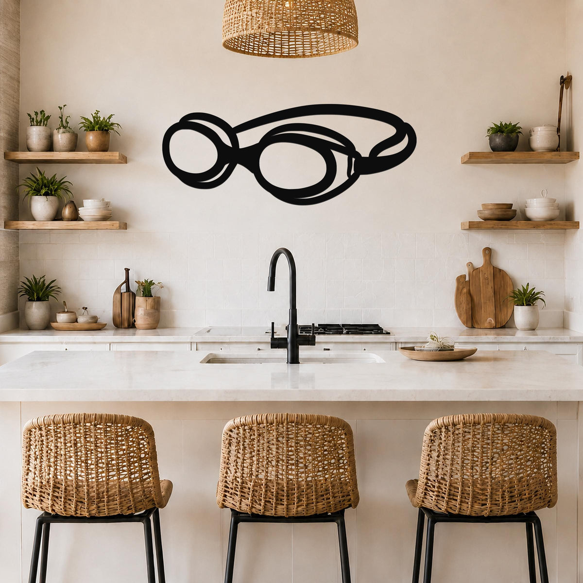 Black metal swim goggles wall art with a bold silhouette design, mounted on a kitchen wall above a counter.