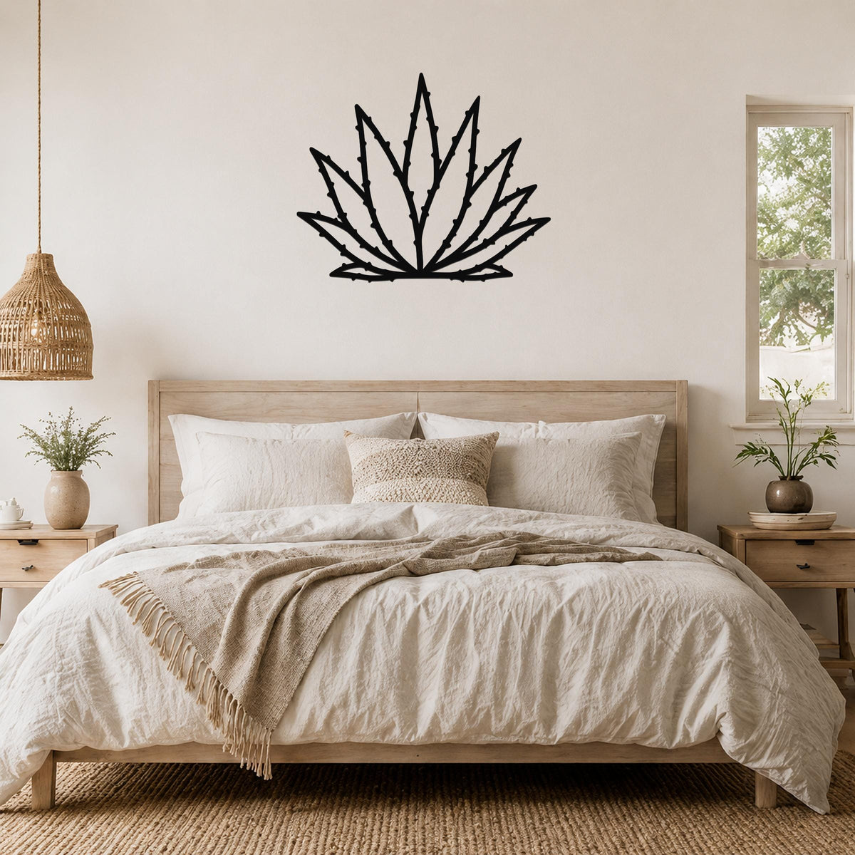 Black metal agave wall art with spiky leaf cutouts, mounted above a wooden bed in a neutral bedroom.