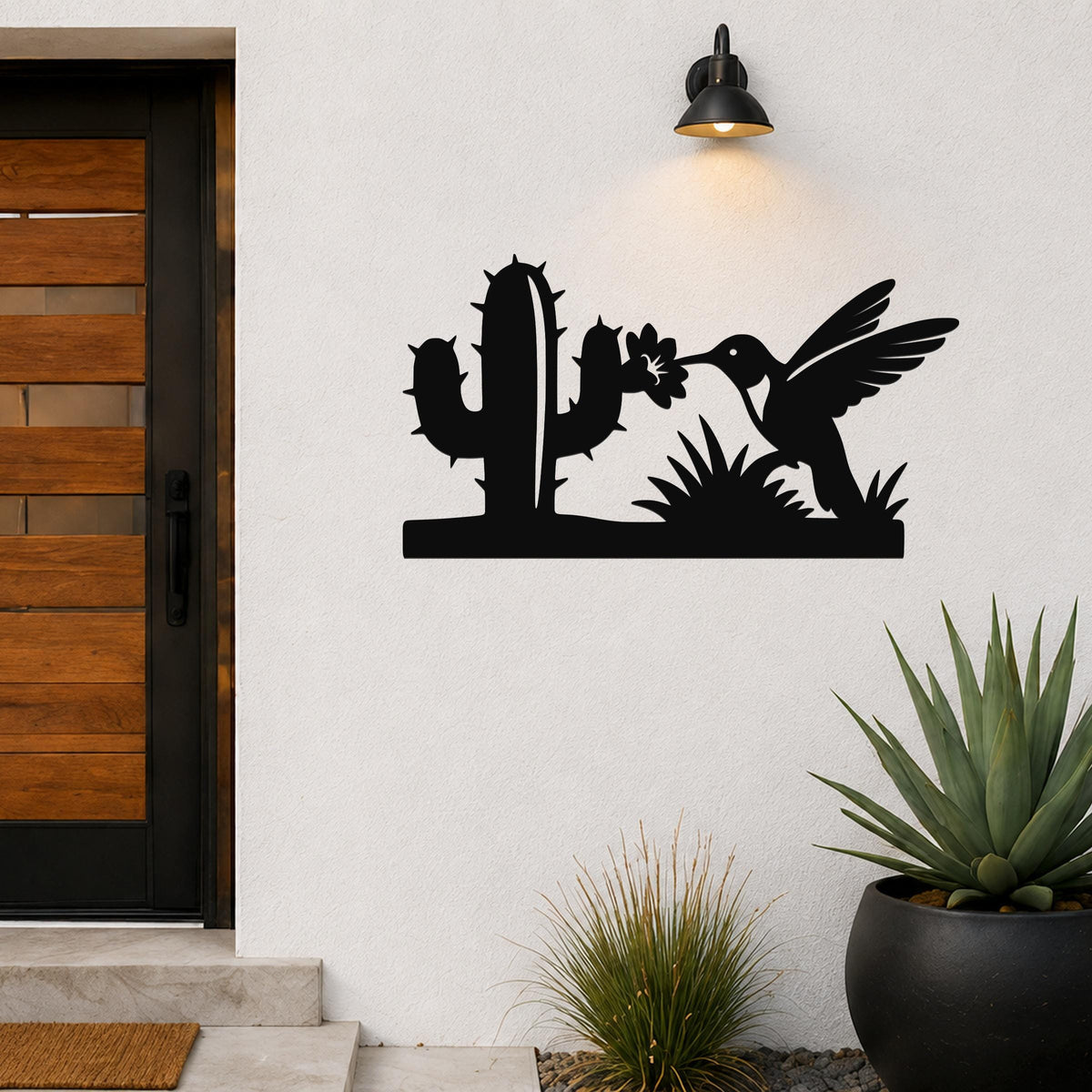 Southwestern Decor Metal Wall Art - Desert Wildlife Silhouette - Hummingbird and Saguaro Design, Steel, Indoor Outdoor Accent