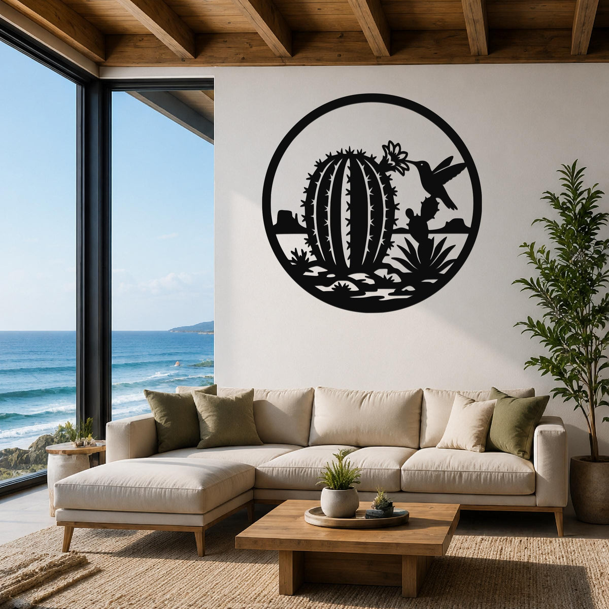 Barrel Cactus Metal Wall Art: Desert Hummingbird Silhouette - Weatherproof Steel, Indoor Outdoor Use, Southwestern Style