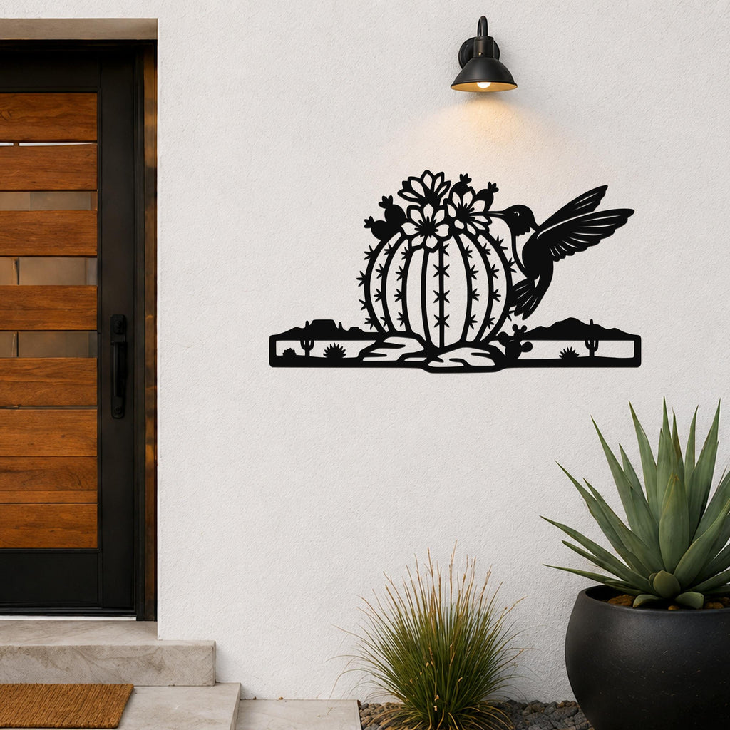 Barrel Cactus Metal Wall Art Desert Life Sculpture, Hummingbird Detail (Weatherproof Steel, Indoor Outdoor, Southwestern Style)