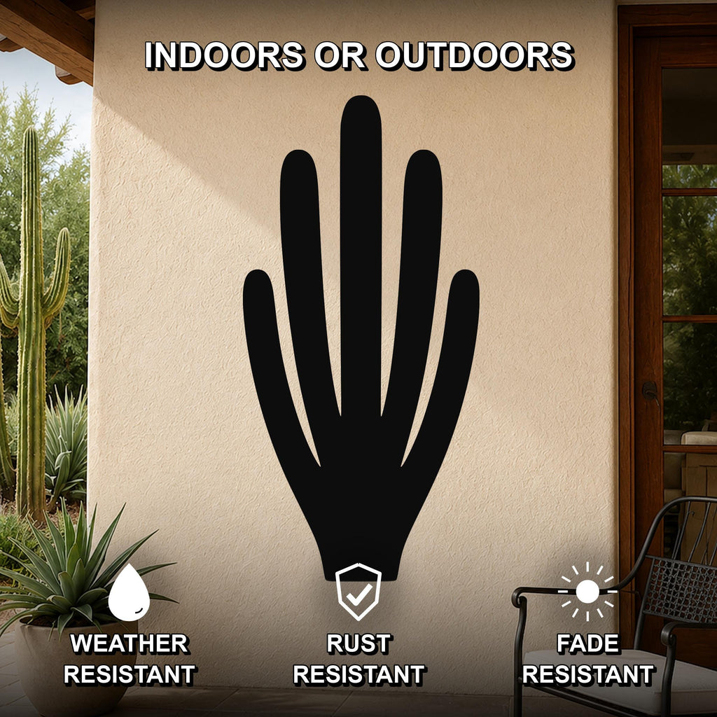 Black metal wall art shaped like an organ pipe cactus silhouette, mounted on an outdoor patio wall with weather, rust, and fade resistance features.