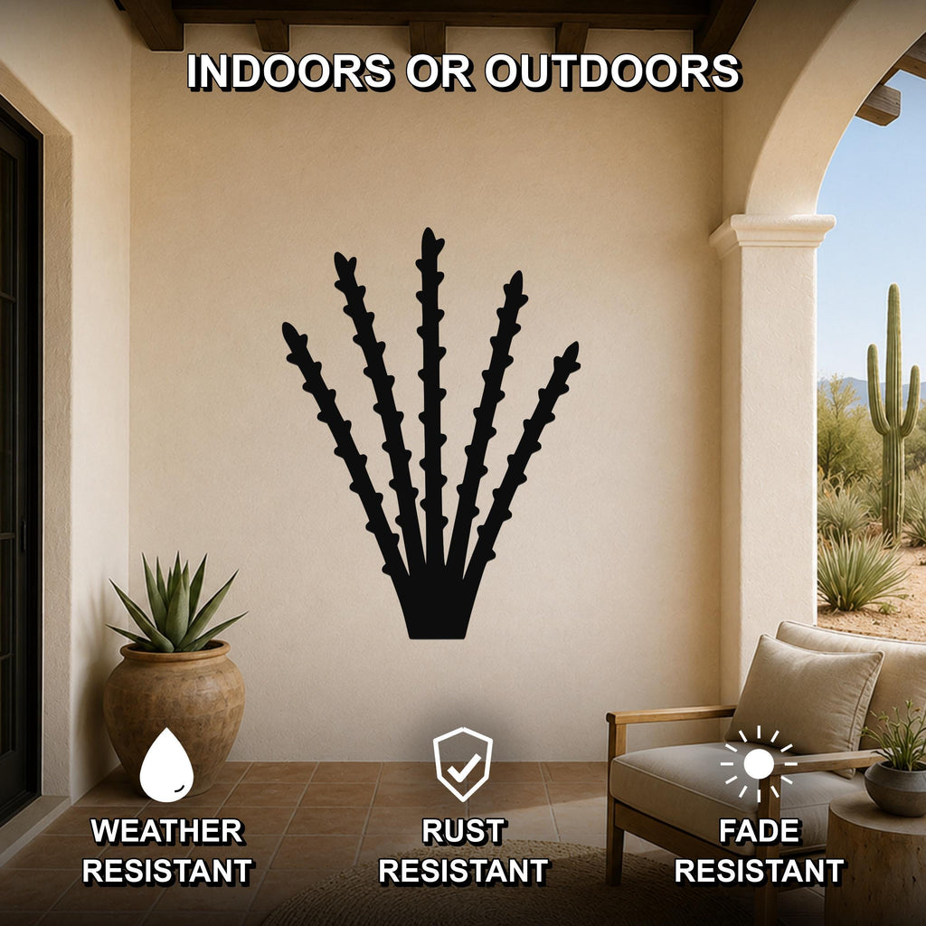 Black metal ocotillo wall art silhouette with spiky branches, mounted on a beige patio wall above a chair, weather, rust, and fade resistant.