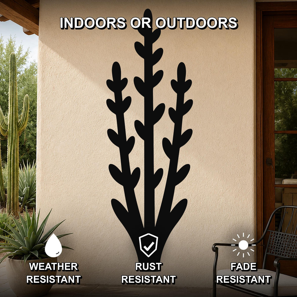 Black metal wall art in a silhouette of an abstract desert plant with leafy branches, mounted on an outdoor patio wall, weather resistant, rust resistant, and fade resistant.