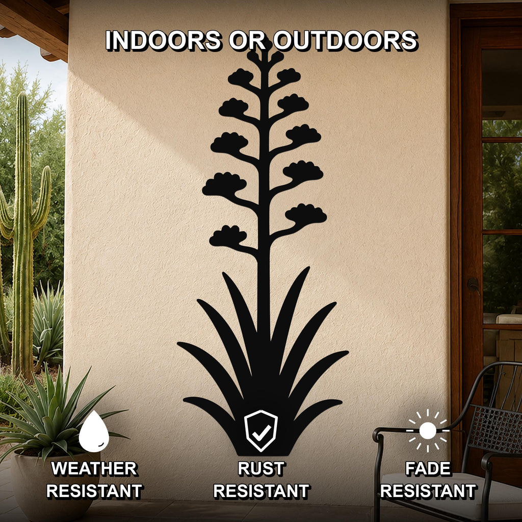 Black metal agave wall art with blooming flower cutout, mounted on an outdoor patio wall, weather, rust, and fade resistant.