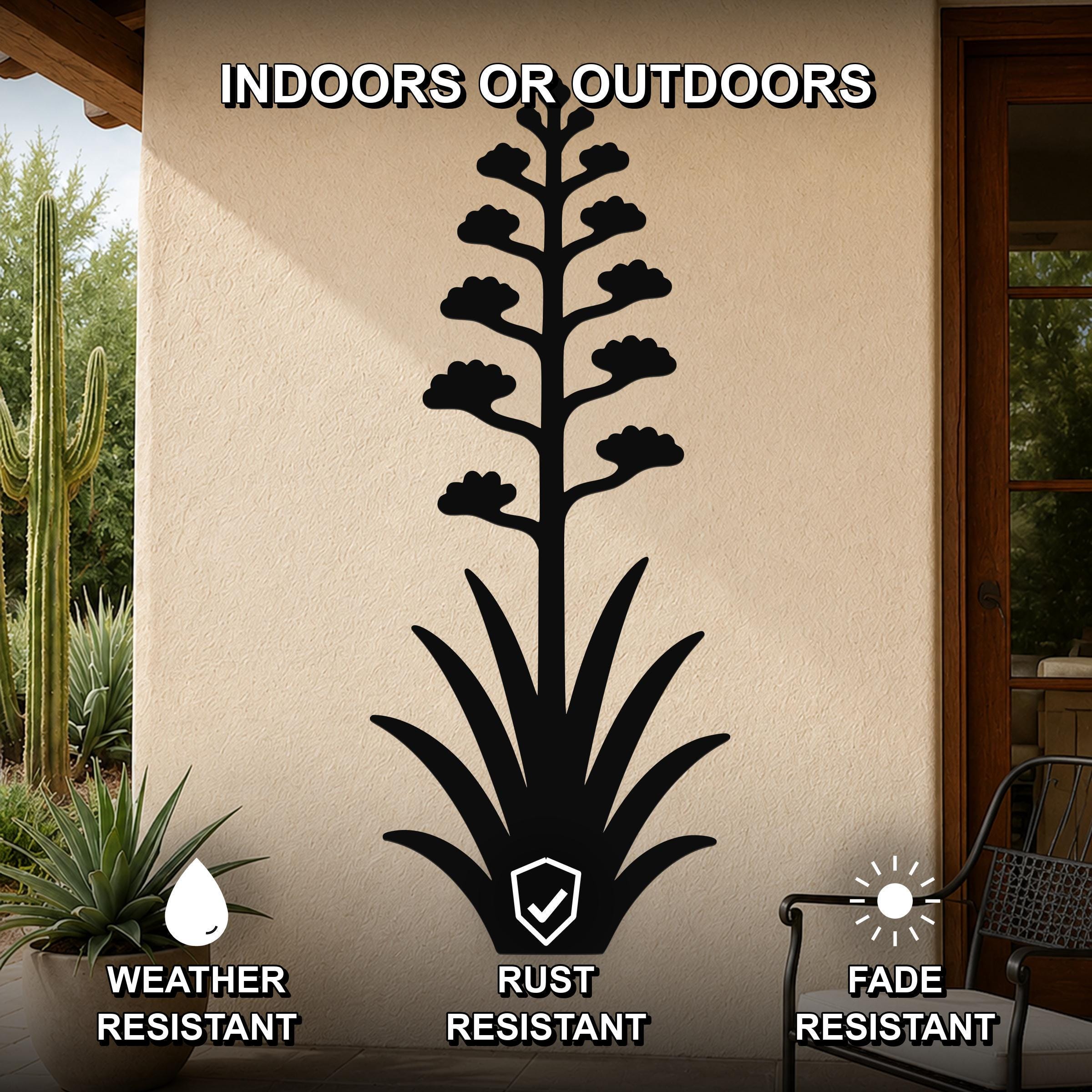 Black metal agave wall art with blooming flower cutout, mounted on an outdoor patio wall, weather, rust, and fade resistant.