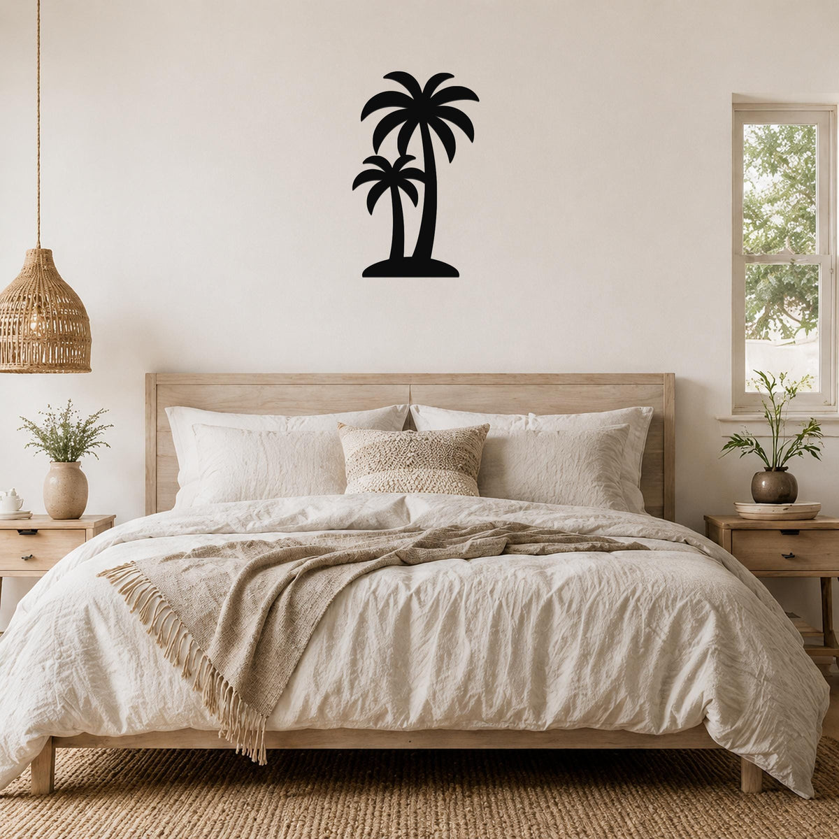 Black metal wall art featuring a silhouette of two palm trees, mounted on a wall above a bed in a neutral-toned bedroom.