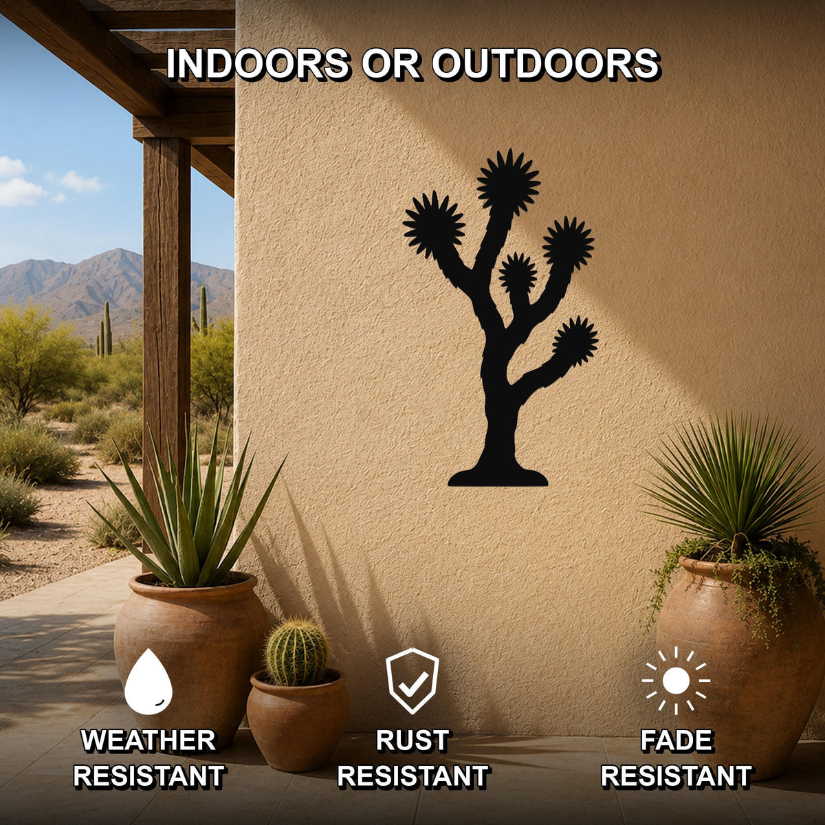 Black metal Joshua tree wall art silhouette mounted on an outdoor patio wall, with potted plants nearby and text indicating it is weather, rust, and fade resistant.
