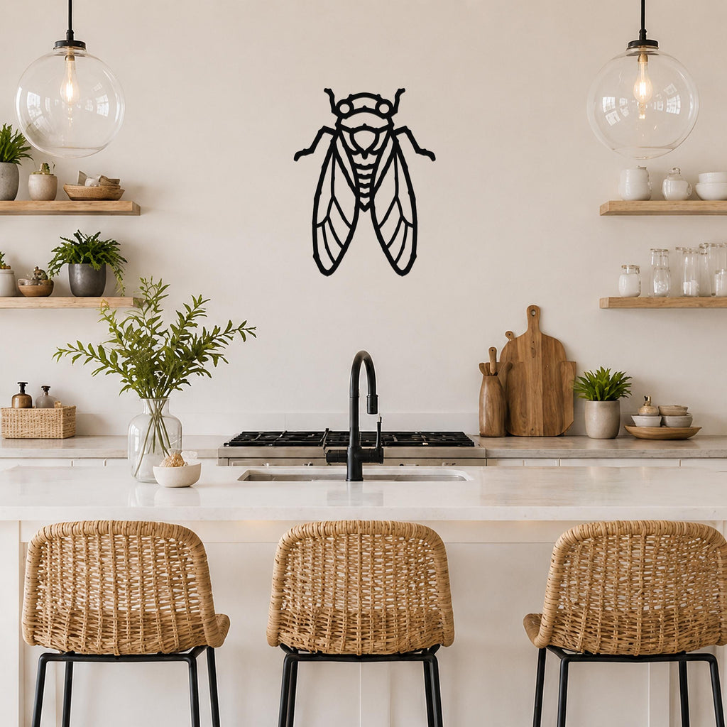 Black metal cicada wall art with detailed wing cutouts, mounted on a kitchen wall above a counter.