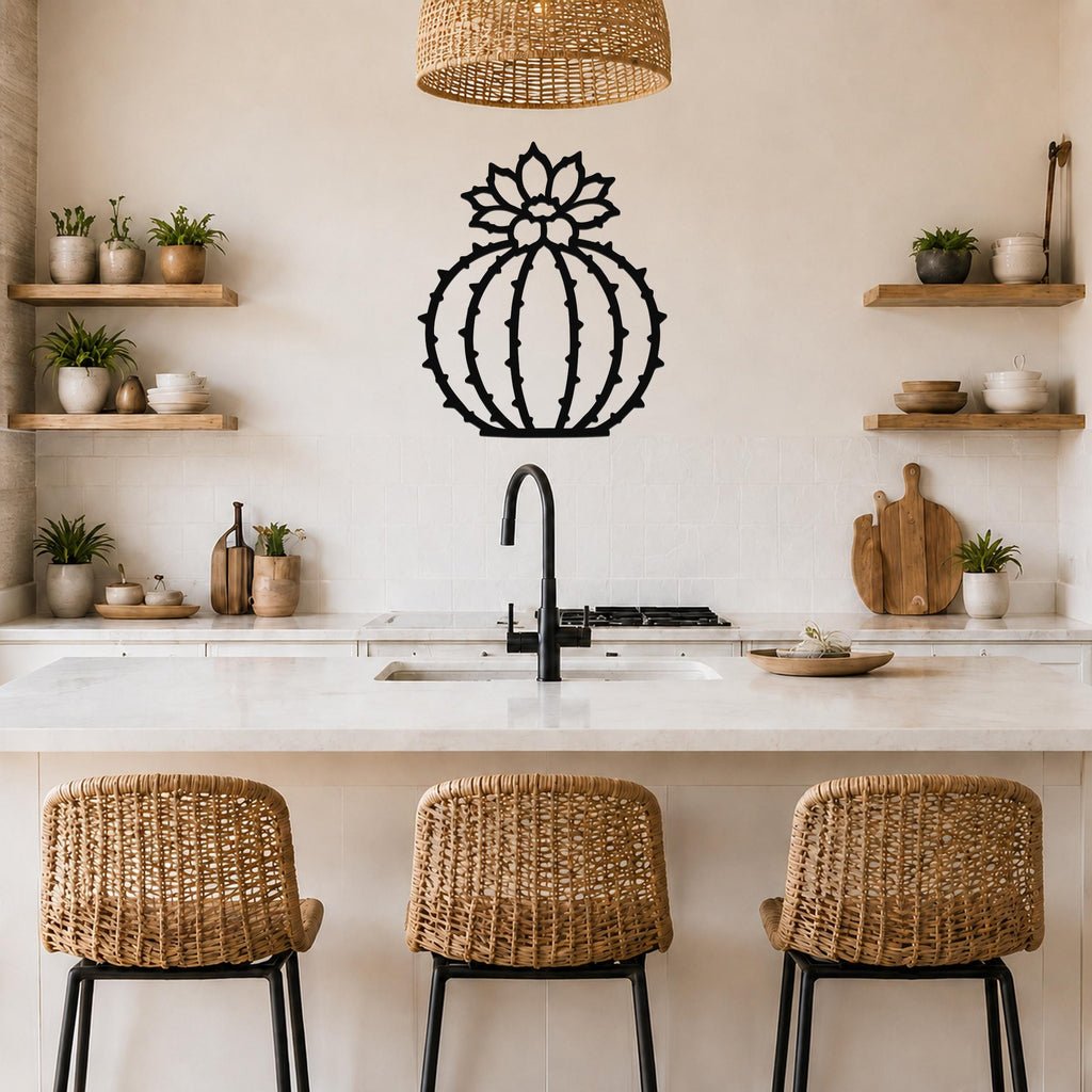 Black metal barrel cactus wall art with flower and spine cutouts, mounted on a kitchen wall above a counter.